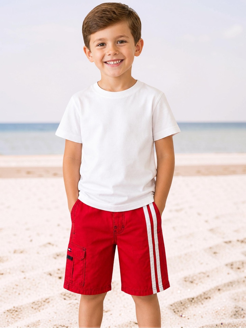 🤿Tommy Hilfiger Boys Red Swim Shorts Size 6 Stripe Detail